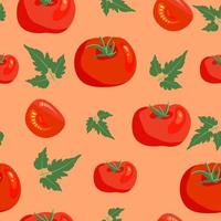 tomaat met bladeren vector naadloos patroon. eindeloos structuur voor keuken behang, textiel, kleding stof, papier. voedsel achtergrond. vlak groenten. veganistisch, boerderij, natuurlijk