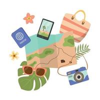 zomer op reis clip art met strand tas, kaart, zonnebril, telefoon, camera en bladeren. vector tekenfilm vlak stijl illustratie. geïsoleerd Aan wit achtergrond. vector illustratie in tekenfilm vlak stijl