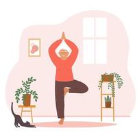 een ouderen vrouw doet yoga, gaat in voor sport, monitoren haar Gezondheid in een kamer met planten. actief oud dame Aan de Actie. vector grafiek.