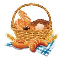 rieten mand met bakkerij vector illustratie. mand met tarwe en vers brood geïsoleerd Aan wit achtergrond