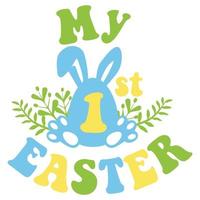 mijn 1e Pasen citaat met konijn in groovy stijl, vector modern doopvont ontwerp, geïsoleerd Aan wit. kinderen kleding, kinderkamer decoratie, uitnodiging kaarten, pasgeboren baby mode