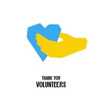 dank u vrijwilligers tekst met symbool illustratie hart in hand- in nationaal kleur blauw en geel geïsoleerd opslaan Oekraïne vector