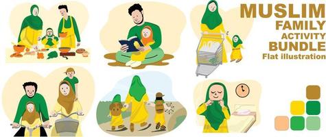 moslim familie werkzaamheid bundel, vader moeder lezing heilig koran, Koken, rijden fiets, winkelen, Gaan naar school, bereiden voor vastend maand Ramadan met mooi zo familie tijd. warm groen palet kleur vector