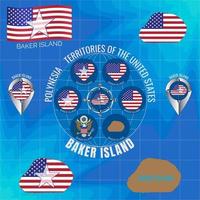 reeks van vector illustraties van vlag, contour kaart, geld, pictogrammen van bakker eiland. territoria van de Verenigde staten. reizen concept.