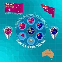 reeks van vector illustraties van vlag, schets kaart, pictogrammen koraal zee eilanden grondgebied. Australisch buitenste territoria. reizen concept.