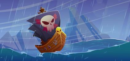 tekenfilm achtergrond met piraat schip in storm zee vector