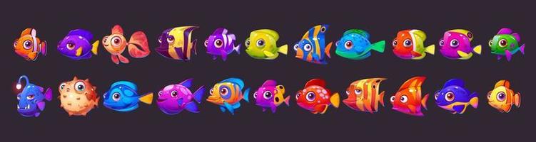 tekenfilm reeks van schattig zee vis Aan donker achtergrond vector