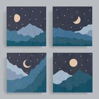 4 sets van vlak minimalistische abstract afdrukken. illustratie van blauw bergen Bij de sterrenhemel nacht. nostalgie boho kunst met papier textuur. voor omslag, poster, brochure, folder, decoratie, sociaal media. vector