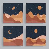 4 sets van vlak minimalistische abstract afdrukken. nostalgie boho kunst met papier textuur. woestijn landschap Bij nacht met sterrenhemel lucht. voor omslag, poster, banier, brochure, folder, decoratie, sociaal media. vector