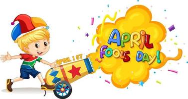 april dwaasdag lettertype logo met een jongen met een narrenhoed en confetti-explosie vector