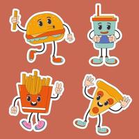 tekenfilm karakter sticker retro pizza, hamburger, Frans Patat, drankje, snel voedsel jaren 70. in modieus groovy hippie retro stijl. vector
