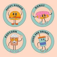 snel voedsel sticker, etiket reeks in modieus groovy stijl. hamburger, popcorn, donut. karakter en mascotte. vector
