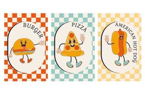 snel voedsel poster reeks in modieus groovy stijl. grappig vector voedsel karakter en mascotte. hamburger, pizza, heet hond.