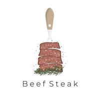 sappig rundvlees steak vector illustratie logo spies met vork en geserveerd met zout peper en rozemarijn