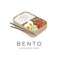 vector illustratie logo traditioneel houten bento lunch doos gevulde met teriyaki rundvlees en vers groenten