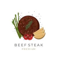 vector illustratie logo van gegrild rundvlees steak met groenten asperges aardappelen tomaten en zout peper bestrooi
