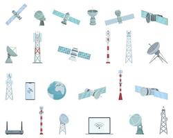 satelliet internet pictogrammen reeks tekenfilm vector. antenne communicatie vector