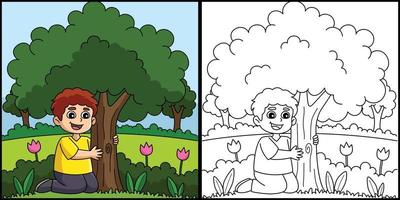 jongen knuffelen een boom kleur bladzijde illustratie vector