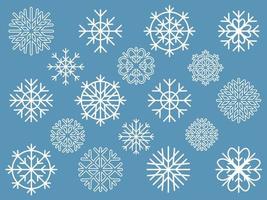 vector reeks van meetkundig vormig sneeuwvlokken Aan blauw achtergrond, nieuw jaar humeur elementen