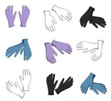 een reeks van medisch handschoenen van verschillend kleuren in verschillend hand- posities. contour vector illustratie en kleur beeld van handschoenen