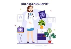 röntgenografie illustratie met fluorografie lichaam controle procedure, röntgenstraal scannen of röntgen in Gezondheid zorg vlak tekenfilm hand- getrokken Sjablonen vector