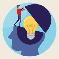 Mens helpen Open de hersenen met een licht lamp Aan blauw achtergrond. creativiteit en innovatie symbool. ideeën voor bedrijf succes. vector illustratie in vlak ontwerp.