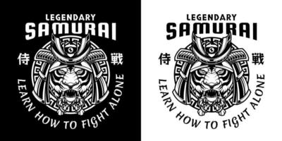 Japans boos tijger hoofd in samurai helm in zwart en wit monochroom stijl geïsoleerd vector