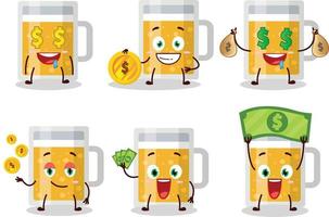 mok van bier tekenfilm karakter met schattig emoticon brengen geld vector