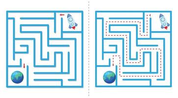 gemakkelijk doolhof abstract spel met antwoorden. helpen raket vlieg naar aarde. gemakkelijk labyrint voor kinderen. vector