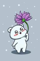 schattige en gelukkige baby beer met paarse bloem cartoon vector