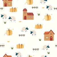 boerderij naadloos patroon. landschap achtergrond met schaap, hooibergen en huizen. hand- getrokken ontwerp in tekenfilm stijl, gebruik voor afdrukken, behang, kinderen kleren, mode. vector illustratie