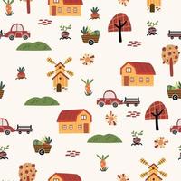 boerderij naadloos patroon. kippen, bomen, hooiberg en hekken. huiselijk dieren. perfect voor omhulsel papier, kleding stof, textiel, behang, huis decor. vlak vector illustratie