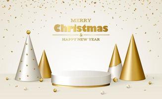 Kerstmis 3d tafereel met wit en goud podium platform, Kerstmis Spar bomen, ballen, confetti. vector