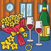 bruiloft glas van wijn ring bloemen gekleurde tekenfilm vector