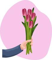 een boeket van tulpen in hand. de hand- houdt een boeket van tulpen. vector illustratie