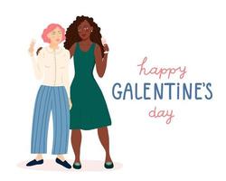 gelukkig galentines dag vector kaart, spandoek. twee jong Dames, vrouw vrienden zijn drinken wijn vlak tekenfilm illustratie