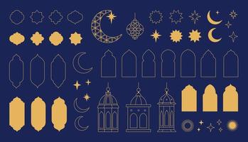 verzameling van elementen in de oosters stijl van Ramadan kareem en eid mubarak, Islamitisch ramen, bogen, sterren en maan, moskee deuren, moskee koepels en lantaarns. vector