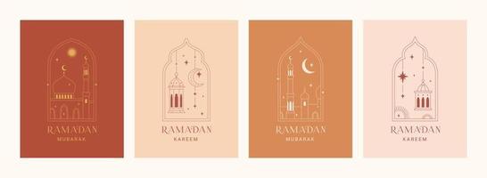 Ramadan kareem kaart. reeks van Islamitisch groet kaarten, banier sjabloon, affiches, vakantie Hoes set. modern mooi ontwerp in modieus minimaal stijl. Islamitisch bogen en ramen, maan, moskee, lantaarns. vector