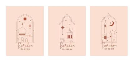 Ramadan kareem kaart. reeks van Islamitisch groet kaarten, banier sjabloon, affiches, vakantie Hoes set. modern mooi ontwerp in modieus minimaal stijl. Islamitisch bogen en ramen, maan, moskee, lantaarns. vector