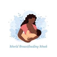 zwart vrouw borstvoeding geeft een baby met natuur en bladeren achtergrond. concept vector illustratie in vlak stijl. wereld borstvoeding geeft week