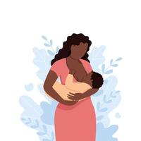 zwart vrouw borstvoeding geeft een baby met natuur en bladeren achtergrond. concept vector illustratie in vlak stijl.