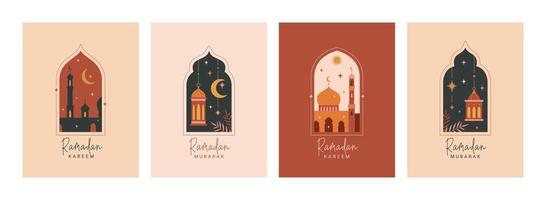 Ramadan kareem kaart, poster, vakantie Hoes set. reeks van Islamitisch groet kaarten in modern mooi ontwerp, banier sjabloon. verzameling van oosters stijl Islamitisch ramen, bogen, maan, moskee, lantaarns. vector
