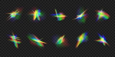 kristal en sieraden, prisma, schittering. regenboog gloeiend sparkles vector set.realistisch diamant reflectie, regenboog licht optisch effect kleurrijk verzameling, helder spectrum gloed stralen.