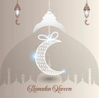 Ramadan kareem Engels typografie. een Islamitisch groet tekst in Engels voor heilig maand Ramadan kareem. Islamitisch achtergrond met voor de helft maan vector