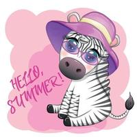 schattig zebra in een strand hoed, kinderachtig karakter. dier in zomer kleren. zomer vakantie, vakantie vector
