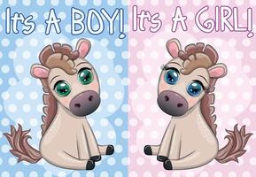 baby douche partij met schattig tekenfilm paard, pony jongen en meisje vector