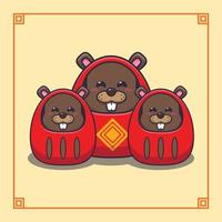 schattig bever met Daruma poppen kostuum in Chinese nieuw jaar. vector