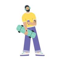 Mens skateboarder met koffie en skateboard in zijn handen. hand- getrokken karakter illustratie vector