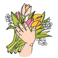 kinderen hand- en tulp boeket met gipskruid. voorjaar illustratie voor gelukkig moeders dag, kinderen dag, dames dag. vector illustratie.