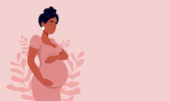 gezond zwangerschap spandoek. mooi zwanger zwart vrouw knuffels haar buik. de concept van zwangerschap en moederschap. gezond zwangerschap. vector illustratie in schattig tekenfilm stijl.